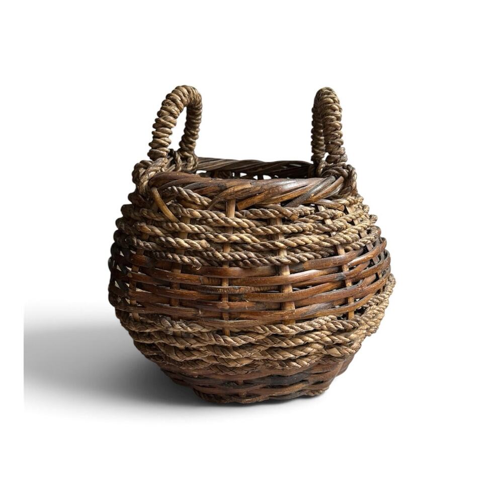 Vintage French Style Round Wicker Basket Large Dual Handle Gathering Primitive